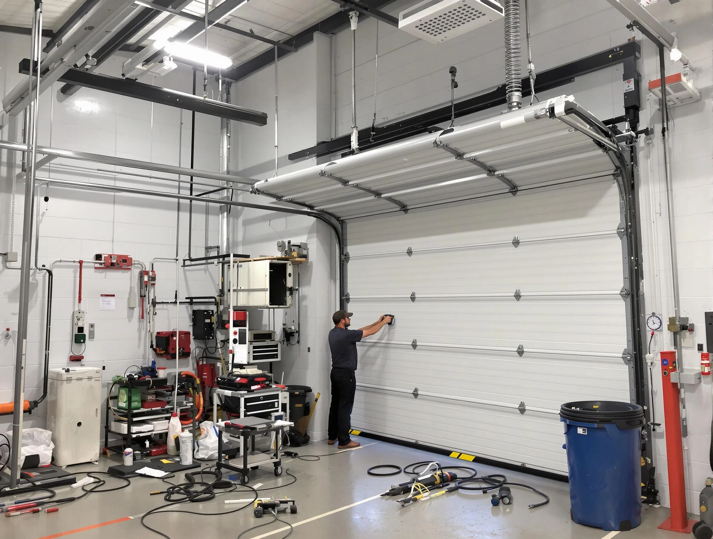 Livingston Garage Door Repair certified technician performing commercial door repair at a Livingston business facility