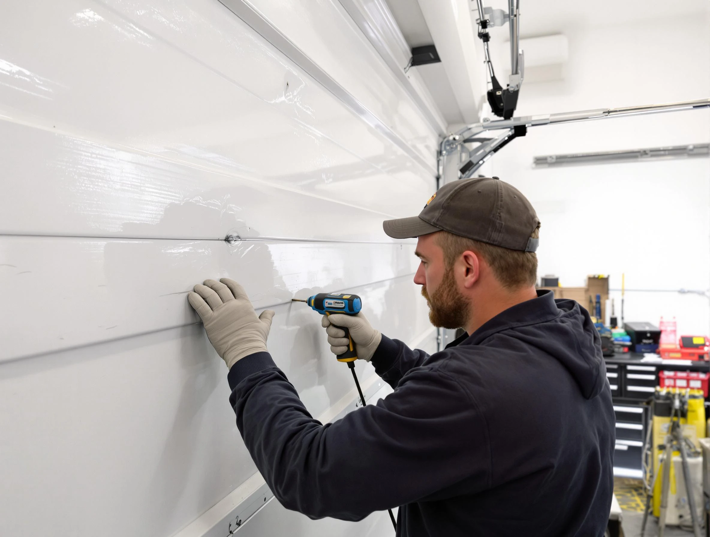 Livingston Garage Door Repair technician demonstrating precision dent removal techniques on a Livingston garage door