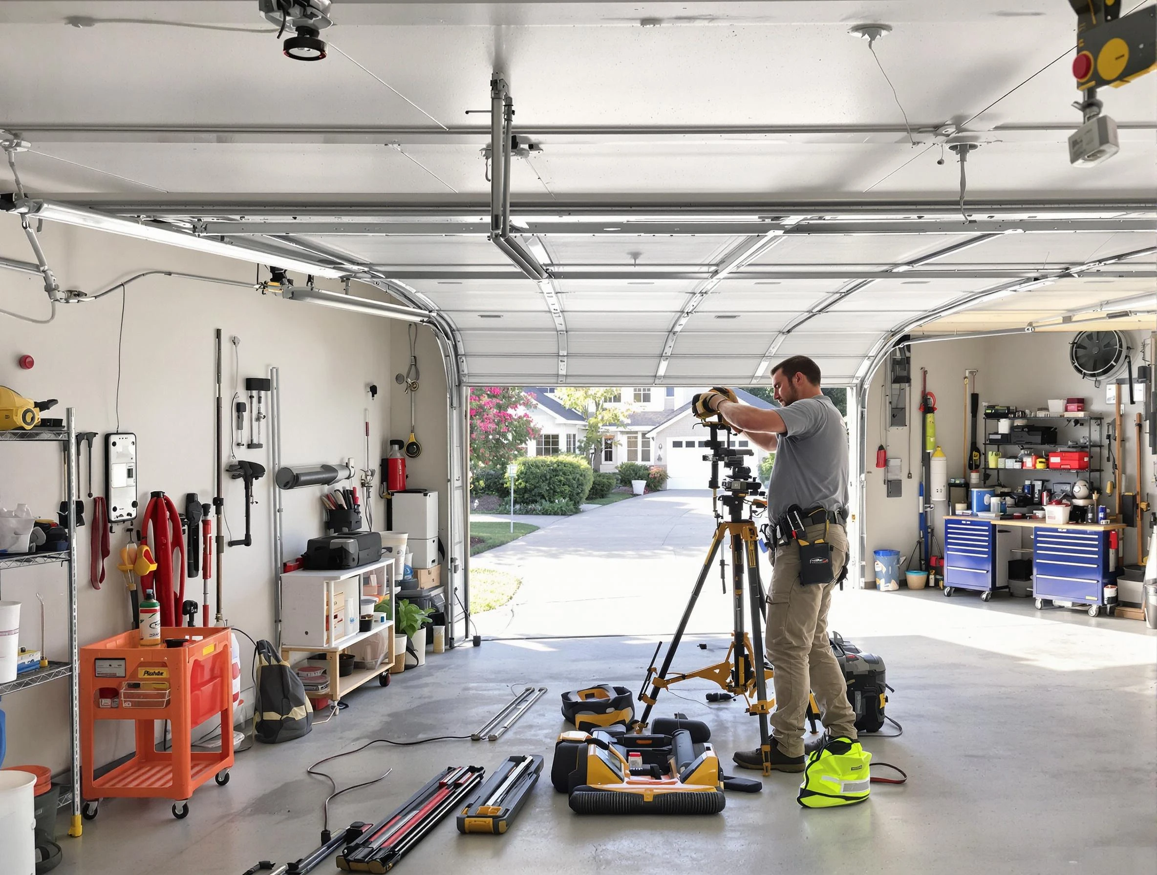 Livingston Garage Door Repair specialist performing laser-guided track alignment in Livingston